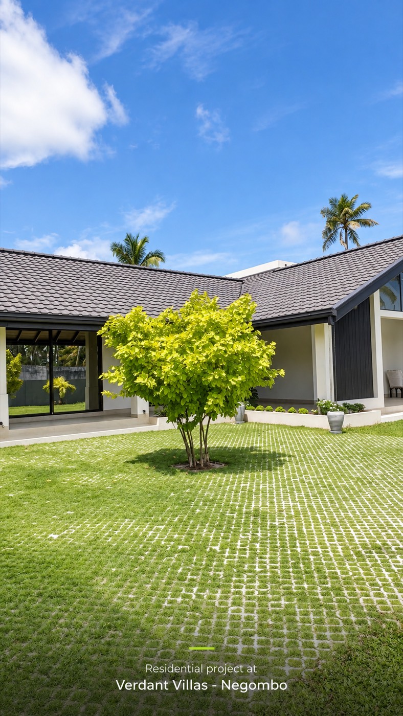 The courtyard lawn and tree with the tiled roof running around the wings