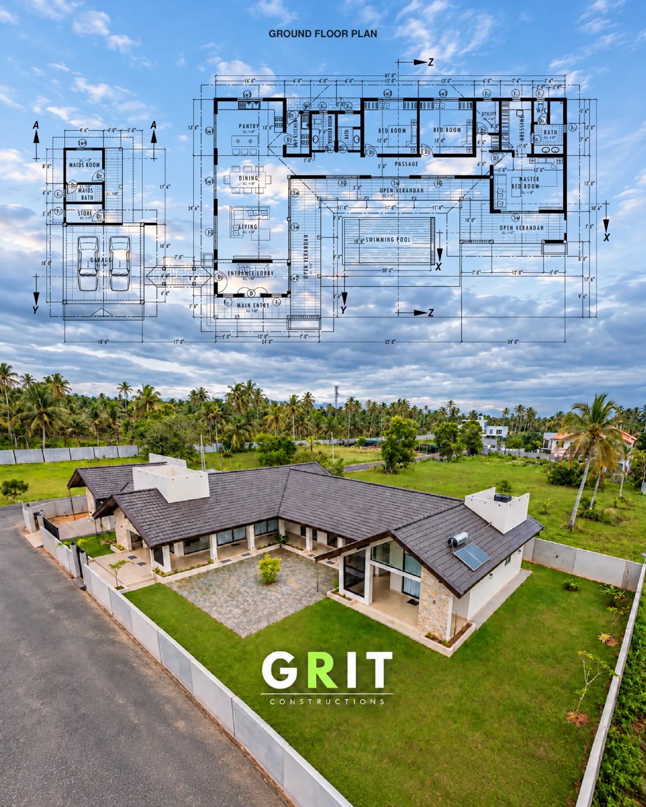 The ground floor plan of the Verdant Villas house above an aerial photo of the finished U-shaped home around its courtyard