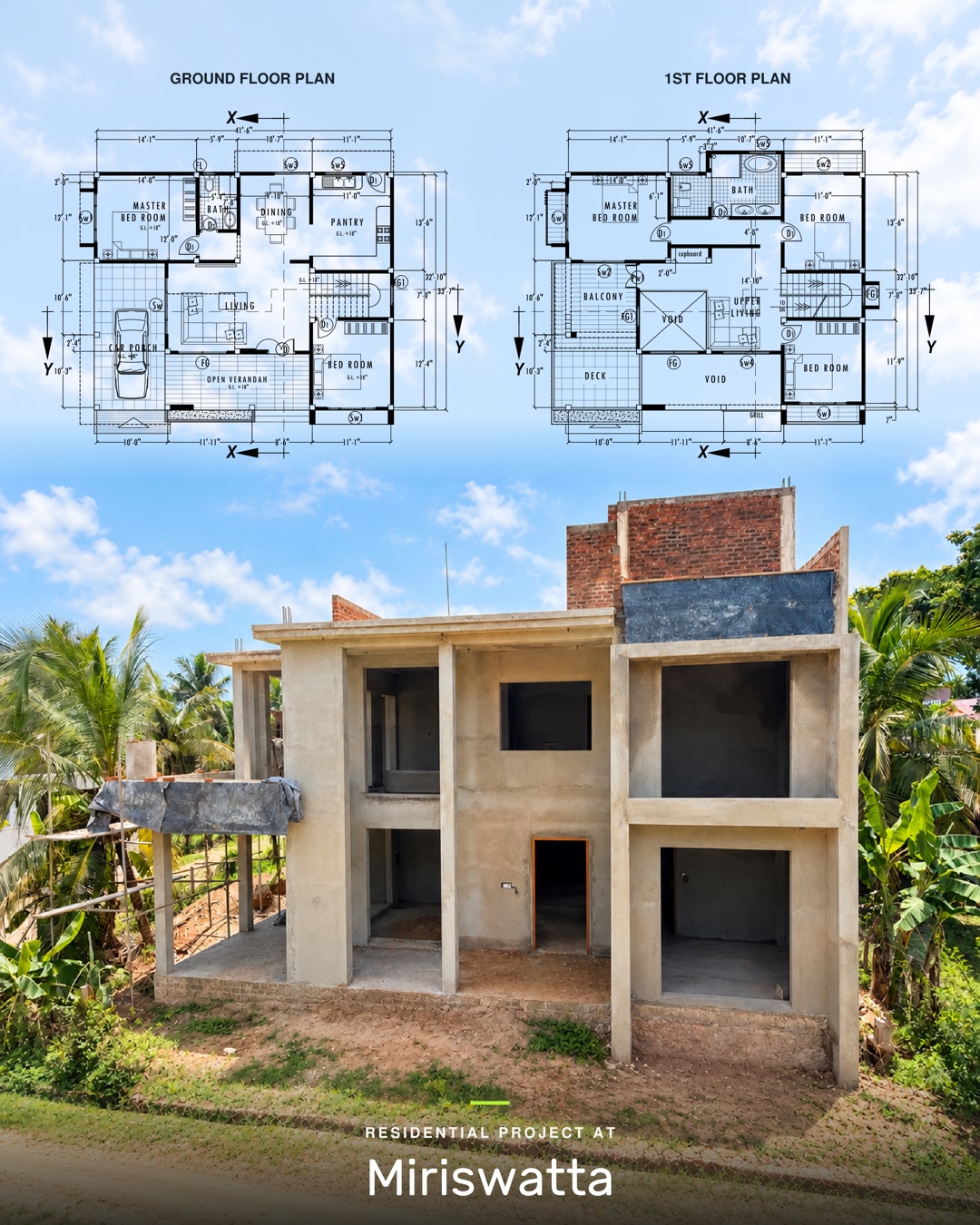 Ground and first floor plans above a photo of the plastered two-storey house at Miriswatta